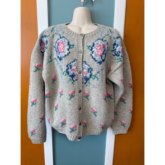 Vintage Eagles Eye Womens M Cardigan Wool Floral Tan Blue Pink Button Up Sweater - Picture 1 of 16